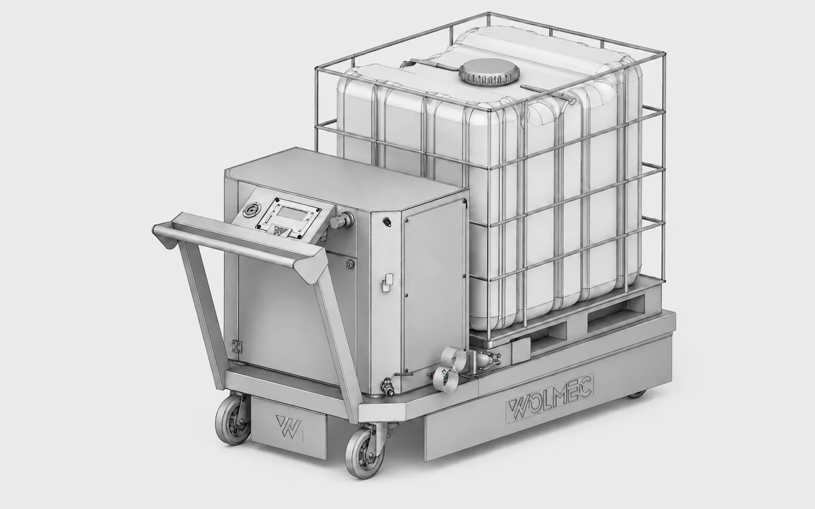 Sistema mobile di dosaggio liquidi Wolmec con IBC, piattaforma di pesatura e pompa di trasferimento